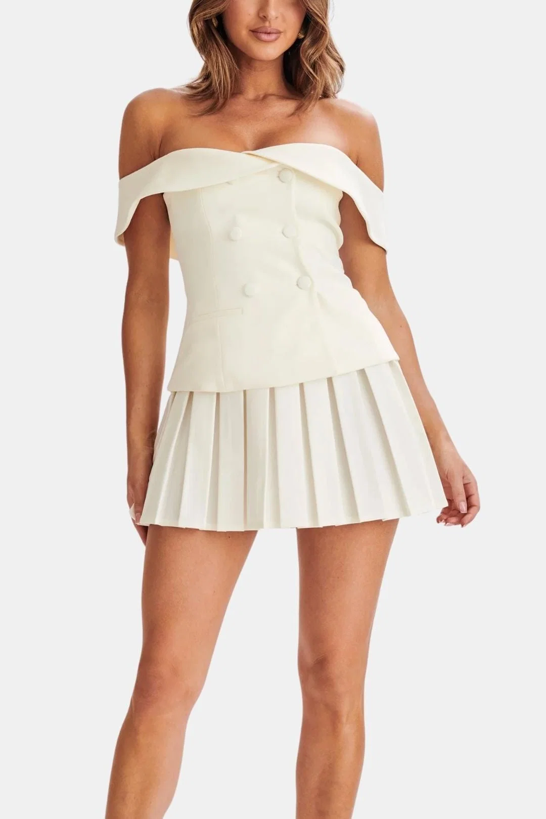 Women's Off-Shoulder Button Detail Mini Dress Set