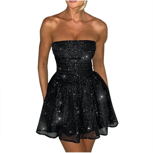 Plus Size Fall Dresses Women'S Strapless Mini Dress, Glitter Tulles Homecoming Dresses for Teens, a Line Short Prom Cocktail Gown with Bow Black M