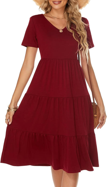Women'S Casual Summer Tiered Midi Dress 2025 Short Sleeve V-Neck Loose Cotton Ruffle Babydoll Dress Boho Sundress