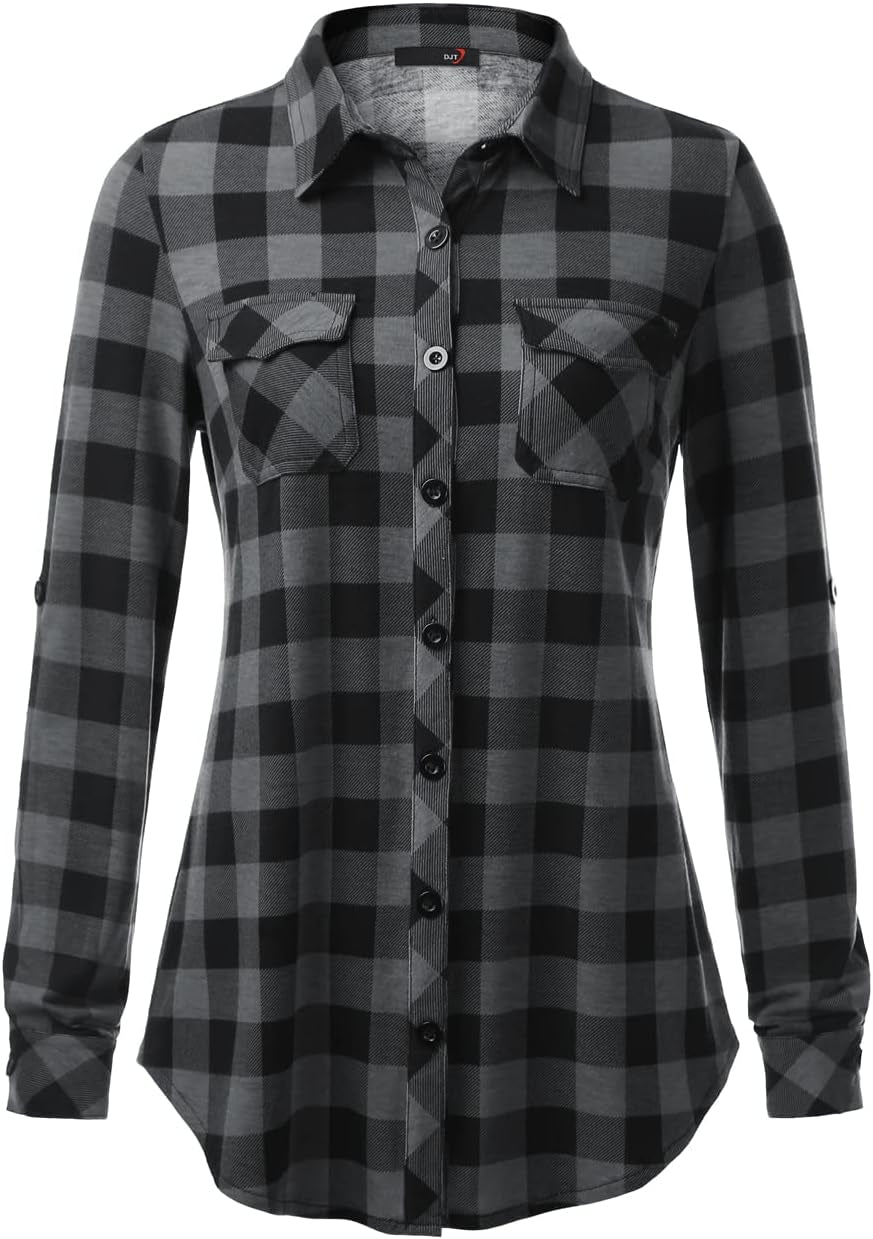 DJT Womens Soft Stretchy Knit Plaid Shirts Roll up Long Sleeve Collared Button down Blouses Tops